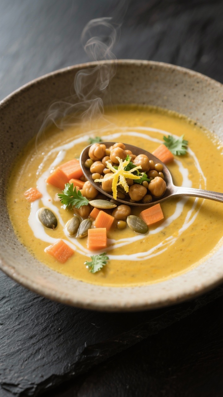 Final dish presentation: Restaurant-quality plating of the creamy golden lentil soup in a shallow st