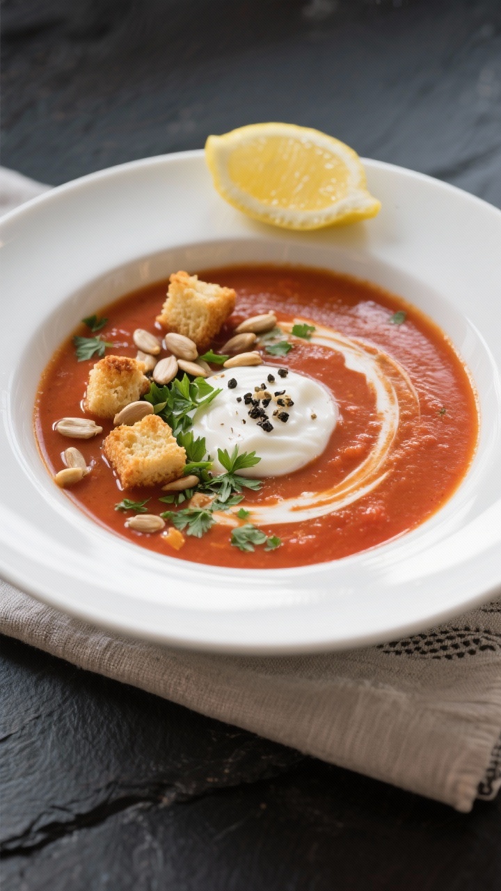 Final dish presentation: Tomaten-Gewürzsuppe mit Kreuzkümmel served in a wide white bowl, glossy s