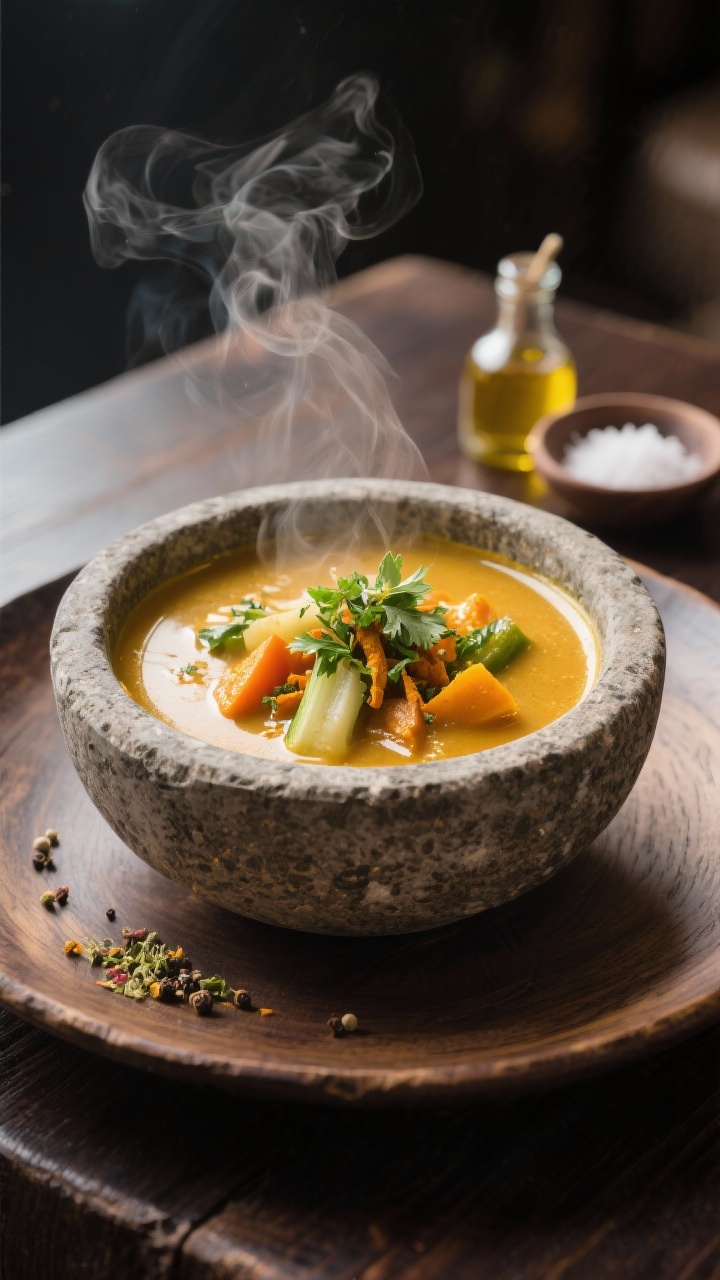 Final Plate Beauty: Elegant angerichtete, dampfende Kapha-Suppe im rustikalen Steingut-Bowl auf dunk