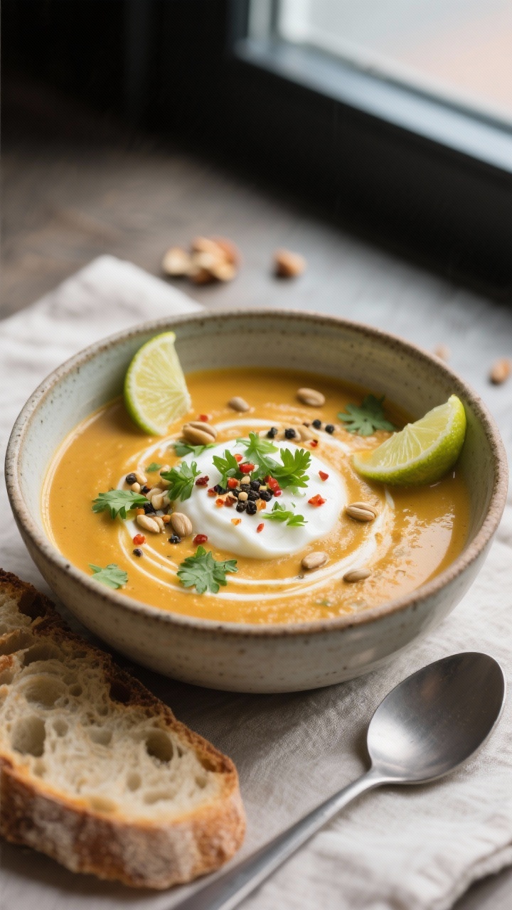Final plated bowl, : A deep ceramic bowl filled with creamy Kokos-Linsen-Suppe in a warm golden-ambe