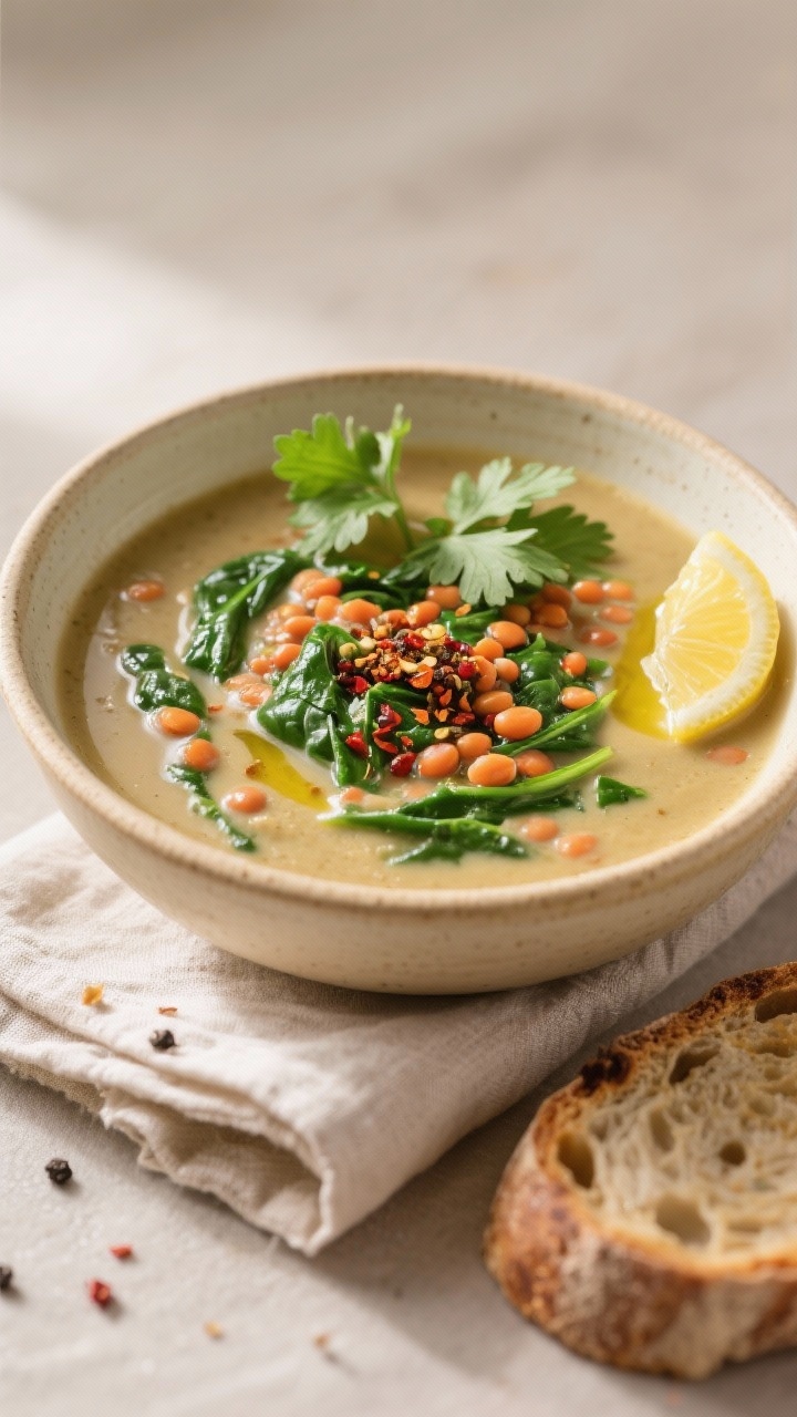 Final plated bowl beauty: Spinat-Linsen-Suppe mit Garam Masala served in a warm, off-white ceramic b