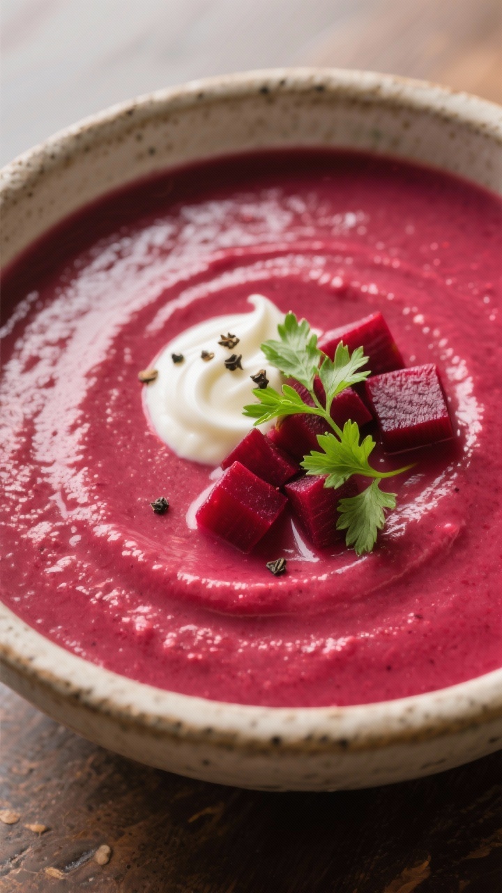 Final plated close-up detail: Velvety beet-ginger soup in a rustic stoneware bowl, ultra-creamy text