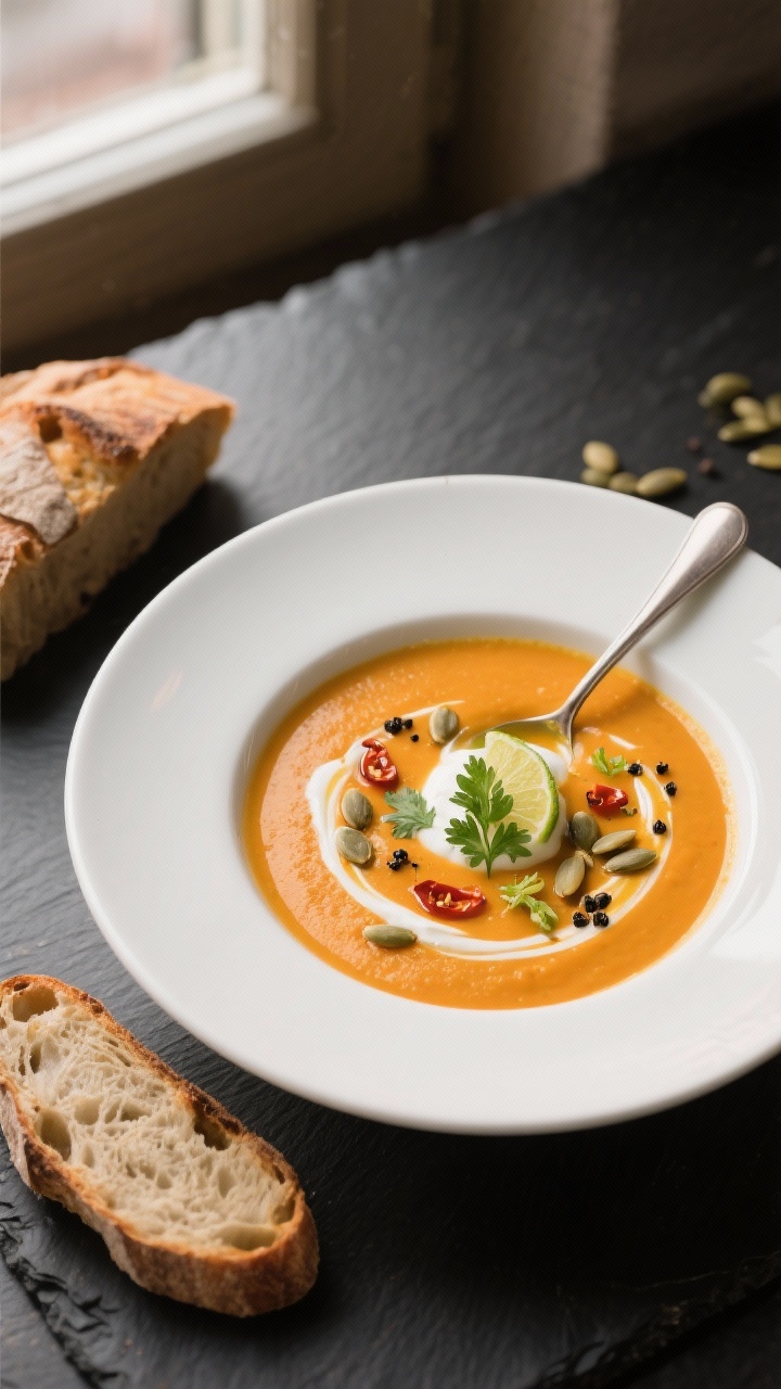 Final plated dish: Beautifully plated Ingwer-Karotten-Suppe in a matte white bowl on a dark slate su