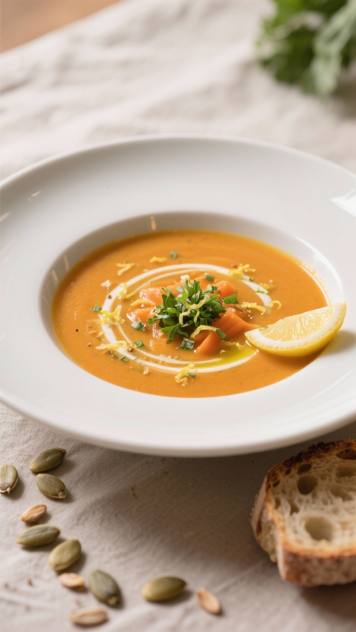 Final plated dish: Beautifully plated Lauch-Karotten-Suppe with asafoetida in a wide, matte-white bo