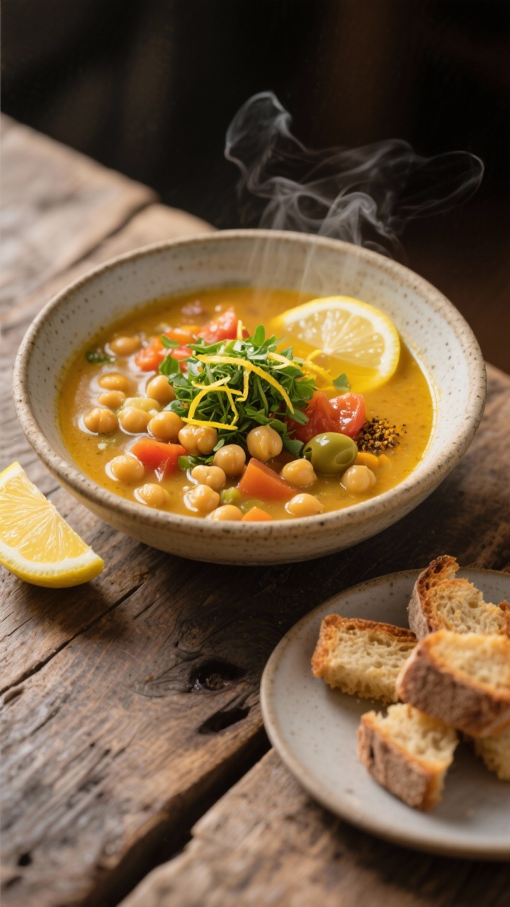Final plated, : Elegantly presented Kichererbsen-Gemüsesuppe mit Ingwer in a shallow stoneware bowl