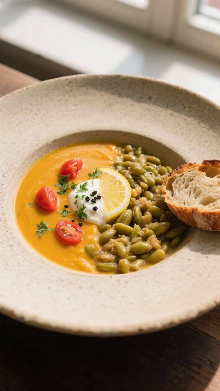 Finaler Teller: samtige Mungbohnen-Suppe halb püriert, halb rustikal, sattes Gelb-Orange mit roten 