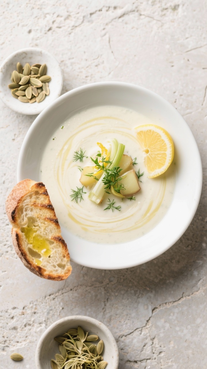 Overhead final presentation: Top-down shot of a beautifully plated fennel–potato soup with a light