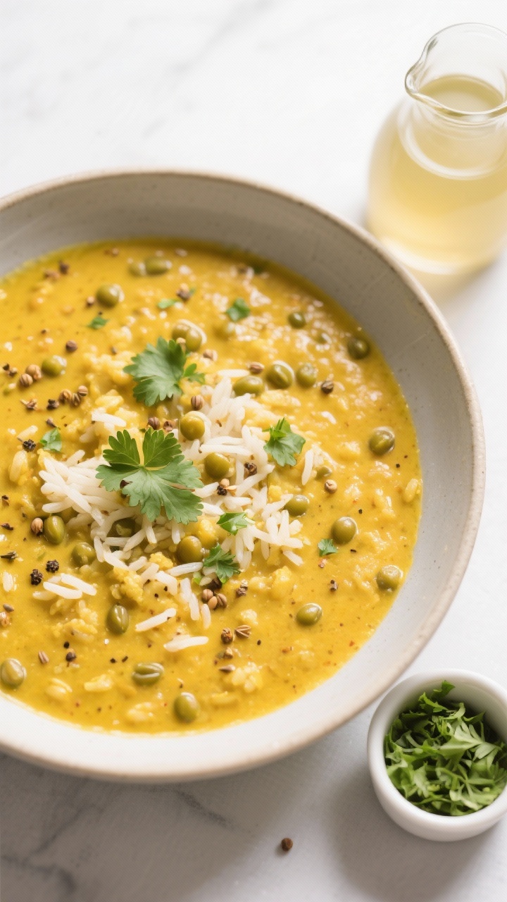 Overhead tasty top view: Overhead shot of kitchari-suppe in a wide, shallow bowl, showcasing the glo