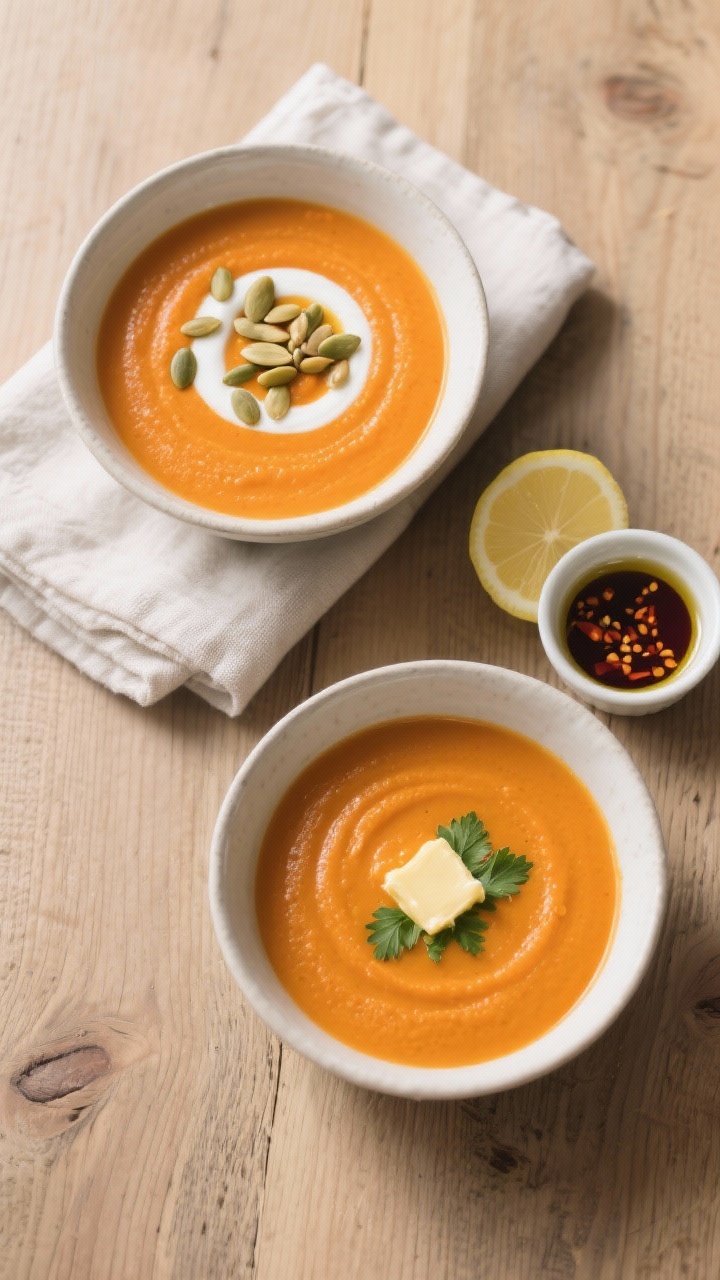 Overhead tasty top view: Top-down shot of two bowls of Ingwer-Karotten-Suppe set for serving; smooth