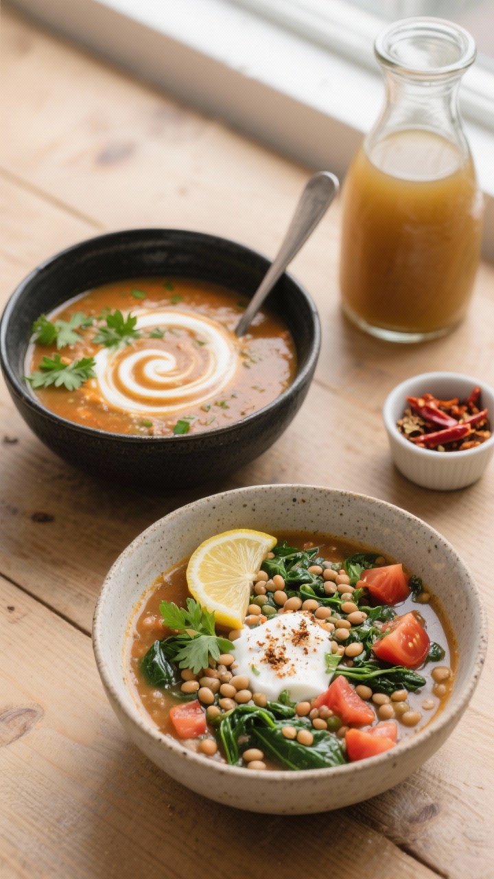 Overhead tasty top view: Two bowls of the soup in contrasting ceramics (charcoal and light stone), s