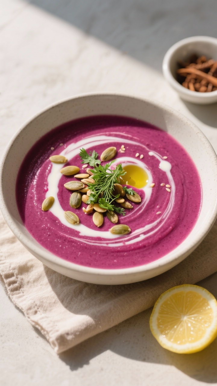 Overhead “tasty top view”: Vivid magenta Rote-Bete-Ingwer-Suppe blended silky-smooth in a wide, 