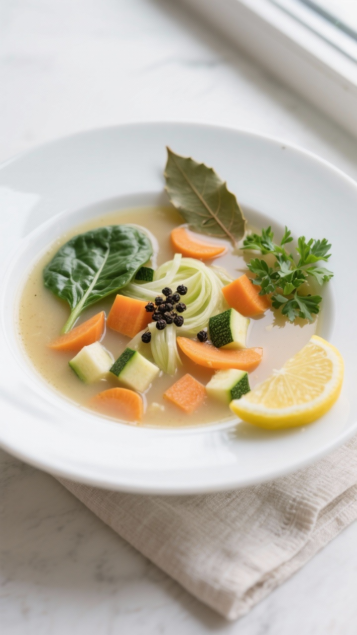 Tasty Top View: Overhead-Aufnahme der klaren Kapha-Suppe mit schwarzem Pfeffer in einer weiten, flac