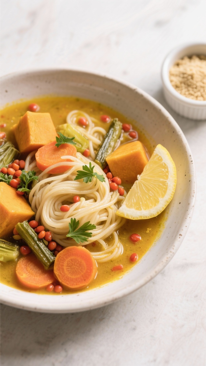 Tasty top view: Overhead shot of a hearty serving of Ayurveda-Winterminestrone with optional rice no