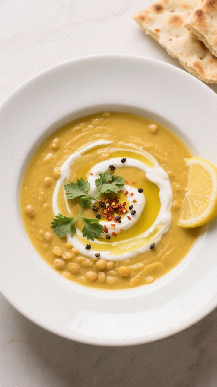 Tasty top view: Overhead shot of Goldene Linsensuppe after blending to a silky, semi-thick consisten