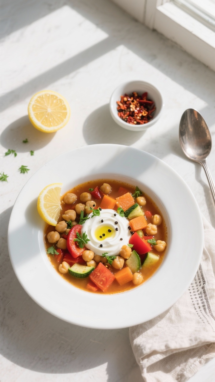 Tasty top view: Overhead shot of the finished Kichererbsen-Gemüsesuppe in a wide white soup bowl; v