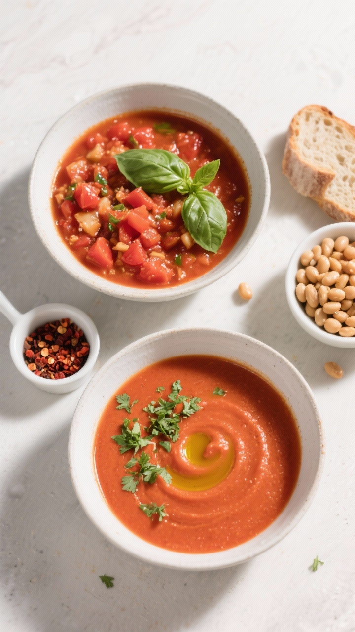 Tasty top view: Overhead shot of the soup ladled into two bowls at different fill levels, one rustic