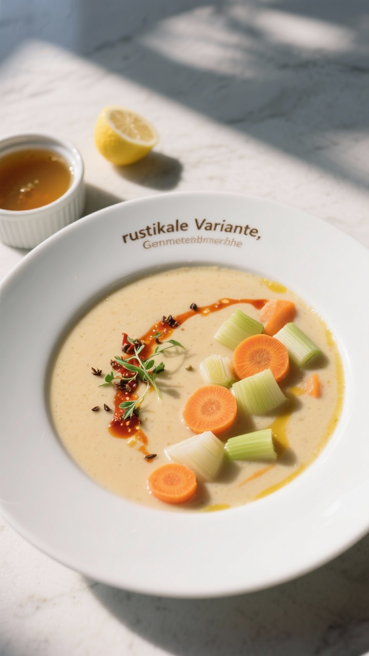 Tasty top view: Overhead shot of the soup’s plated “rustikale Variante,” half-blended to show