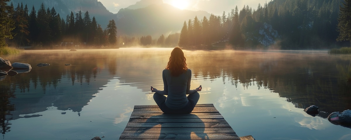 Frau meditiert in Lotusposition auf einem Steg über einem nebligen See bei Sonnenaufgang